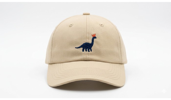 De Dino Wim-pet: een beige pet met een geborduurde dinosaurus met kroontje.