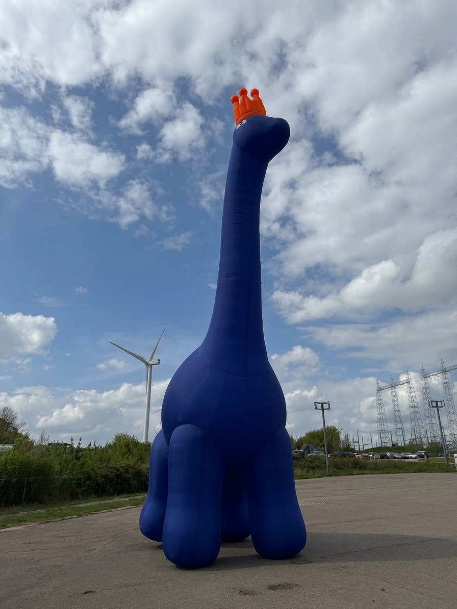 Dino Wim – donkerblauwe brachiosaurus met oranje kroon, mascotte van Republiek